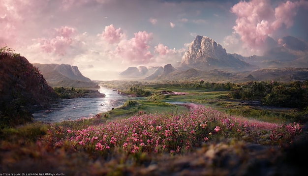 Manhã com céu azul e nuvens cor de rosa sobre o mar com montanhas rochas com grama verde e flores