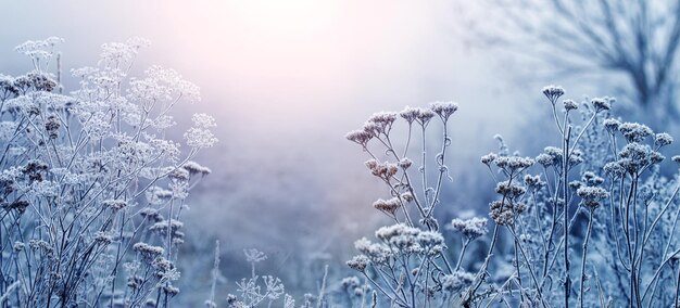 Manhã de inverno em um prado com plantas cobertas de geada em clima nebuloso durante o nascer do sol