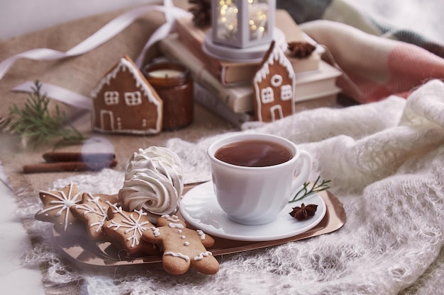 Manhã de inverno estética em dia de neve no parapeito da janela Casa quente e aconchegante com uma xícara de cacau biscoitos de gengibre marshmallow