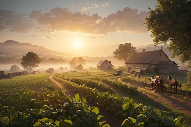 manhã de inverno À medida que o sol nasce, a aldeia desperta ao som dos agricultores cuidando das suas colheitas