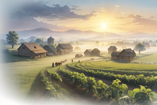 manhã de inverno À medida que o sol nasce, a aldeia desperta ao som dos agricultores cuidando das suas colheitas