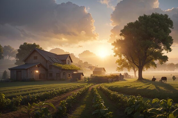 manhã de inverno À medida que o sol nasce, a aldeia desperta ao som dos agricultores cuidando das suas colheitas