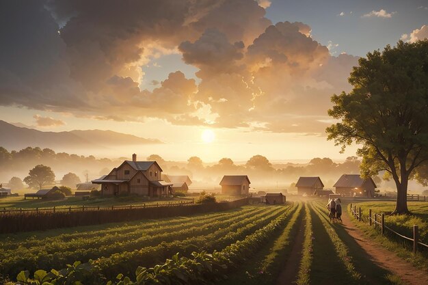 manhã de inverno À medida que o sol nasce, a aldeia desperta ao som dos agricultores cuidando das suas colheitas