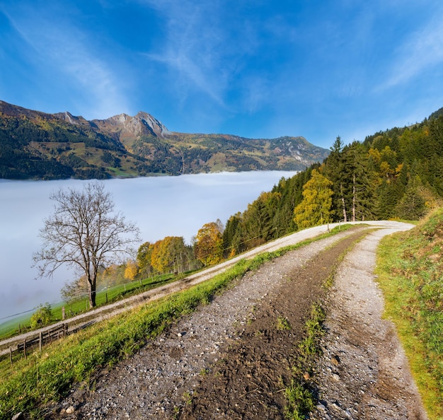 Manhã de outono enevoada pacífica vista para a montanha do caminho de caminhada de Dorfgastein para os lagos Paarseen Land Salzburg Áustria