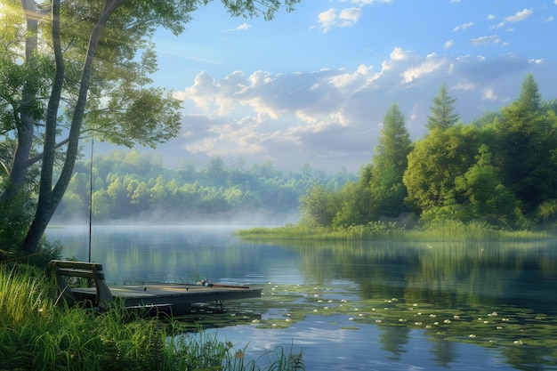 Manhã de verão de pesca ao lado do lago Fotografia de verão