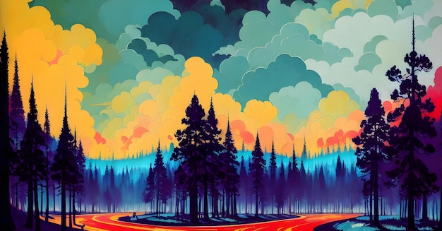 Manhã do nascer do sol dentro da ilustração da pintura da floresta de fantasia Vídeo Pano de fundo da selva Arte conceitual Generative AI