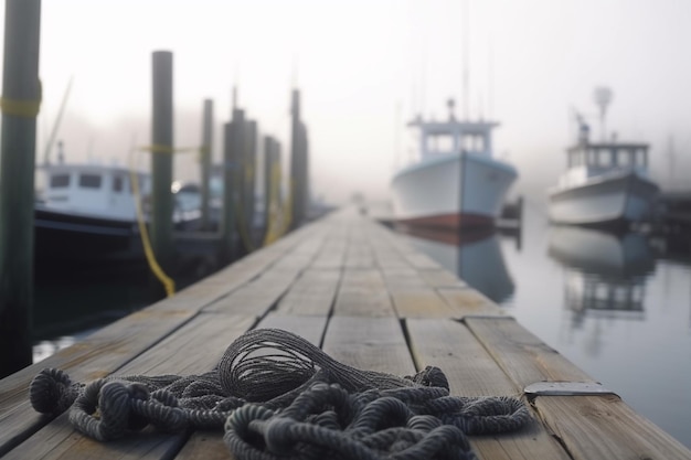 Manhã enevoada no cais Equipamentos de pesca e barcos