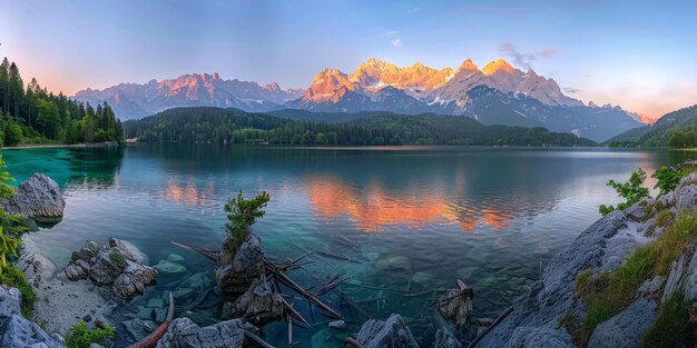 Foto manhã ensolarada no lago eibsee com a cordilheira zugspitze ia gerativa