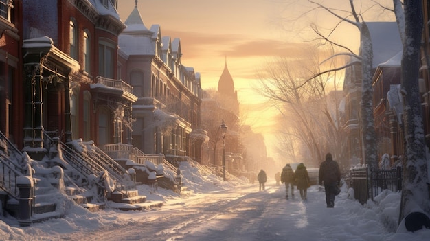 Manhã fria de inverno, ruas cobertas de neve, pessoas empacotadas