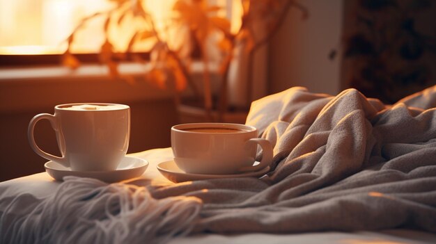 Manhã na cama com café e chá