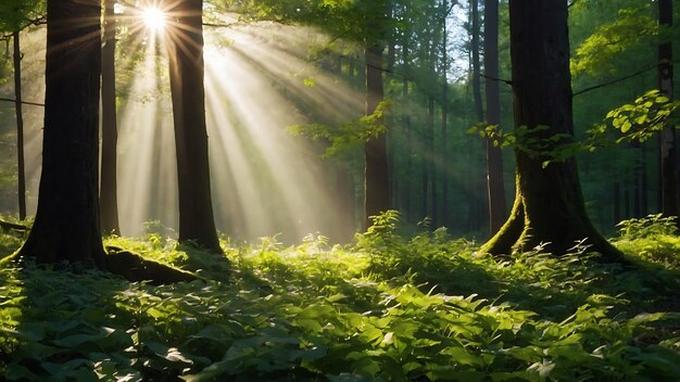 Manhã na floresta verde com raios de sol e raios de luz