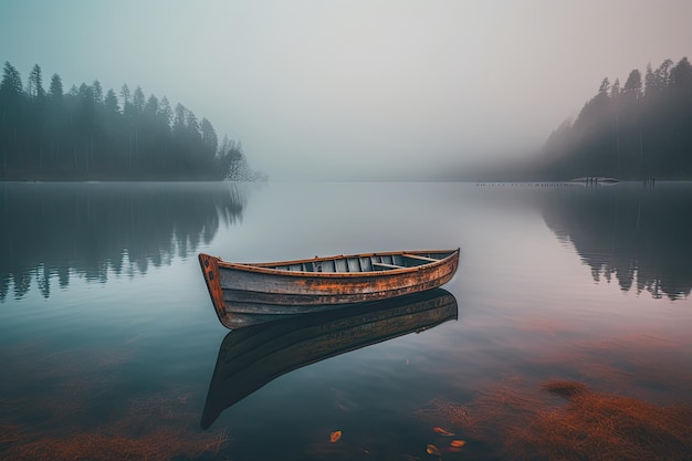 Manhã nevoenta no lago com um barco de madeira