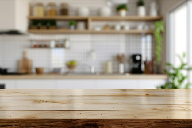 Foto manhã serena em uma cozinha contemporânea elegante com mesa de madeira com vista para a sala ai generativa