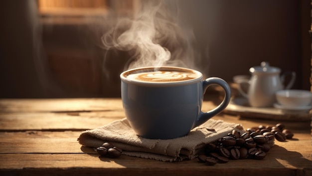 Manhã tranquila e confortável caneca de café quente na mesa de madeira rústica