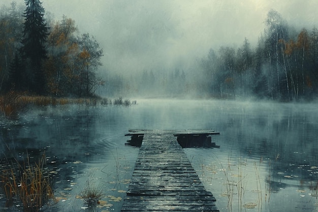 Manhã tranquila em um local de pesca à beira do lago com névoa se levantando da água