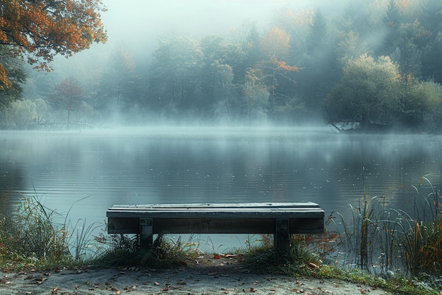 Manhã tranquila em um local de pesca à beira do lago com névoa se levantando da água
