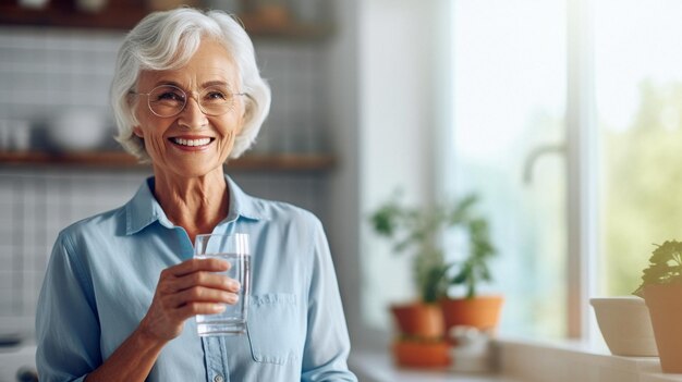 Manhã uma mulher idosa bebendo água