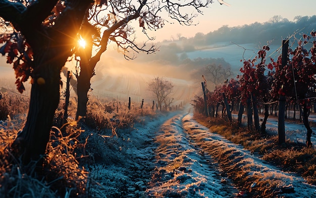 Manhãs de Inverno em campos e vinhas com o sol a nascer das suas cinzas