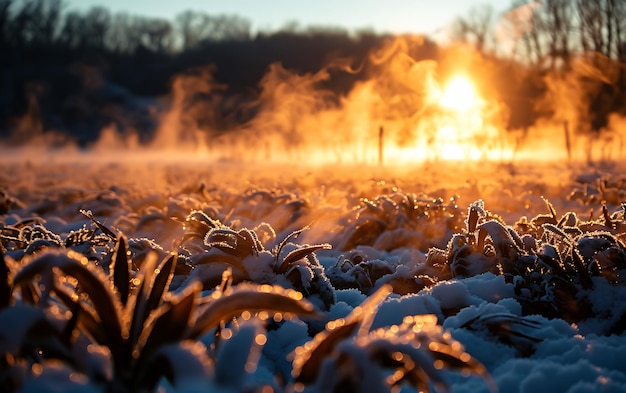 Manhãs de Inverno em campos e vinhas com o sol a nascer das suas cinzas