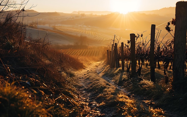 Manhãs de Inverno em campos e vinhas com o sol a nascer das suas cinzas