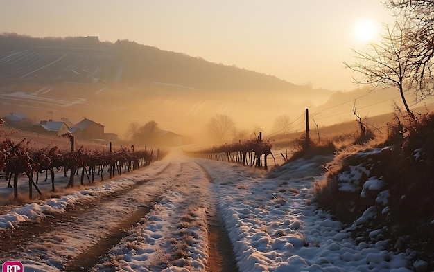 Manhãs de Inverno em campos e vinhas com o sol a nascer das suas cinzas