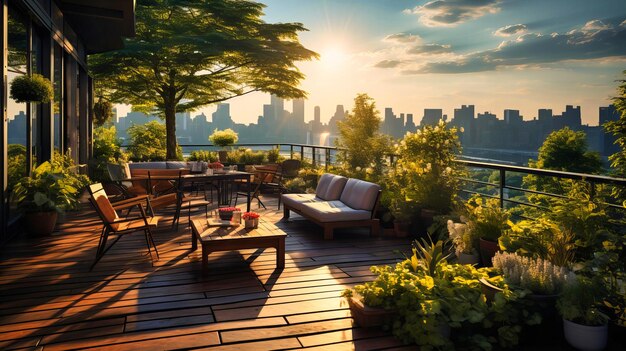 Manhattan Sunset Urban Cityscape com arranha-céus Rooftop Lounge e elegante atmosfera à noite