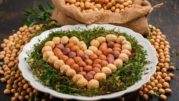 Maní en forma de corazón en un plato junto a un saco de maní