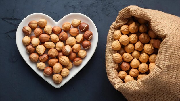 Foto maní en forma de corazón en un plato junto a un saco de maní