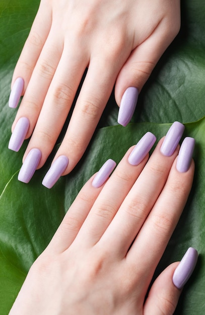 Manicura femenina violeta suave con hoja de monstera