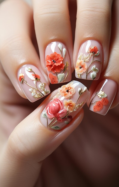 una manicura con flores y hojas y flores