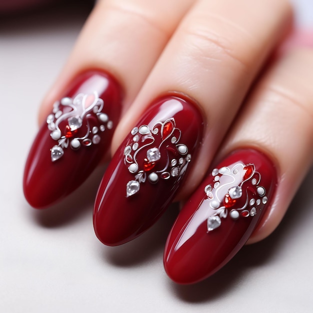 una manicura roja con una flor en la parte superior