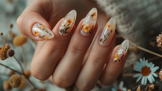 Manicure de primavera em close-up com flores conceito de unhas de mulheres bonitas