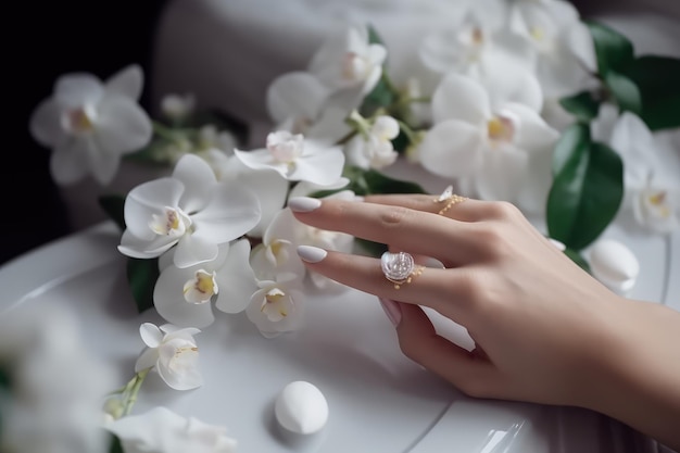 Manicure de unhas de casamento branco clássico com flores