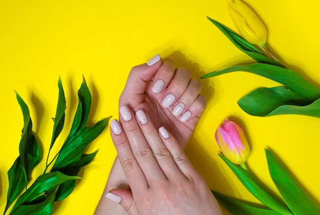 Manicure feminina em um fundo brilhante. Fundo amarelo com tulipas. Bandeira.