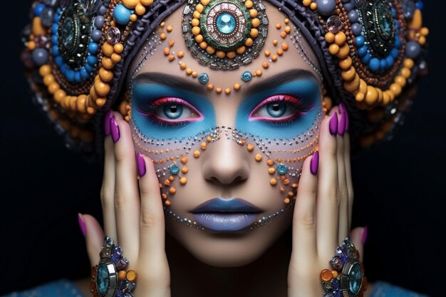 Manicure multicolor e maquiagem criativa em uma menina