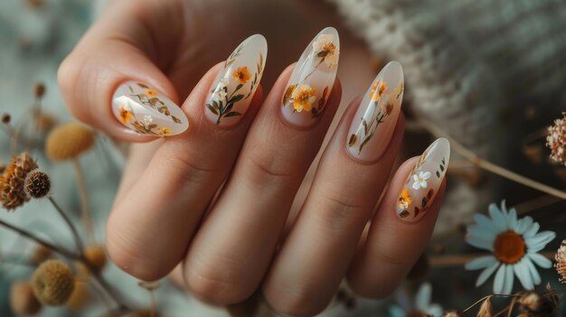 Foto manicure de primavera de primer plano con flores concepto de uñas de mujeres hermosas