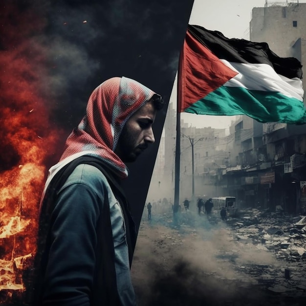 Foto manifestação de multidão caminhando na cidade destruída bandeira da palestina