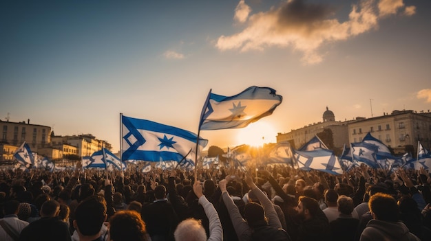 Manifestação em apoio ao povo de Israel com bandeiras israelenses na praça