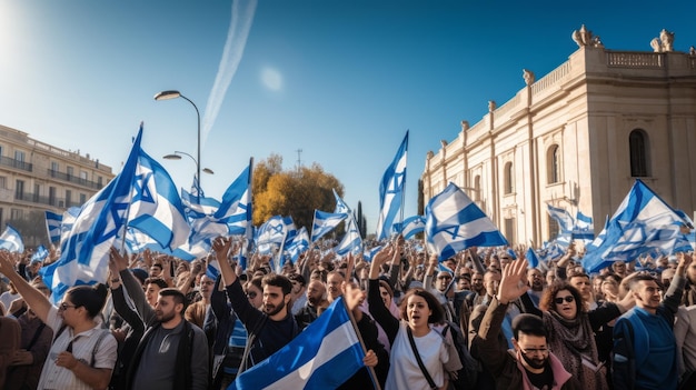 Manifestação em apoio ao povo de Israel com bandeiras israelenses na praça