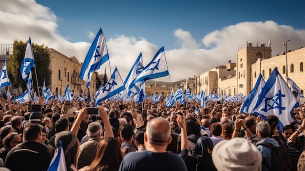 Manifestação em apoio ao povo de Israel com bandeiras israelenses na praça