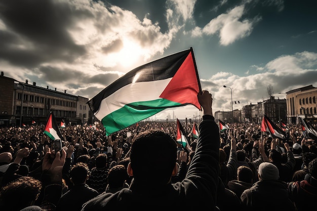 Manifestação pelas bandeiras de apoio da Palestina no ar