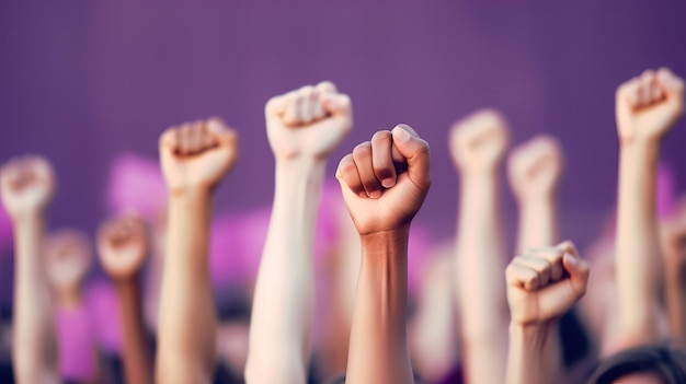 Foto en manifestación una mujer levantó el puño igualdad de derechos generative ai