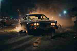 Foto manifestações nas ruas no escuro da noite carros atingidos por faróis e fumaça