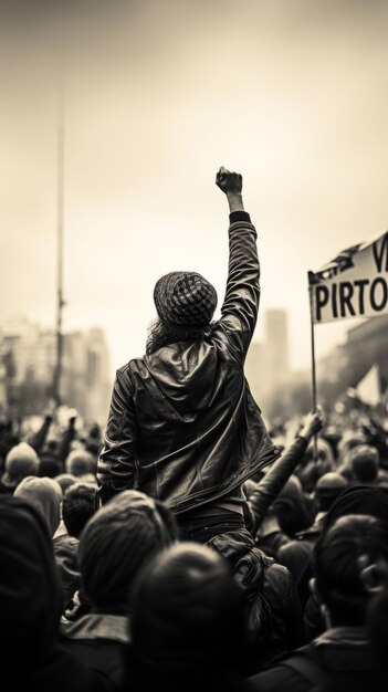 Manifestante levantando o punho acima do conceito de ativismo de direitos humanos da multidão