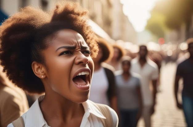 Manifestante negra irritada gritando na rua ativista feminina protestando contra a violação de direitos