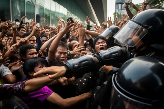Foto manifestantes anti-gobierno se reúnen contra la policía antidisturbios en bangkok