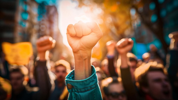 Manifestantes de pé com os punhos no ar