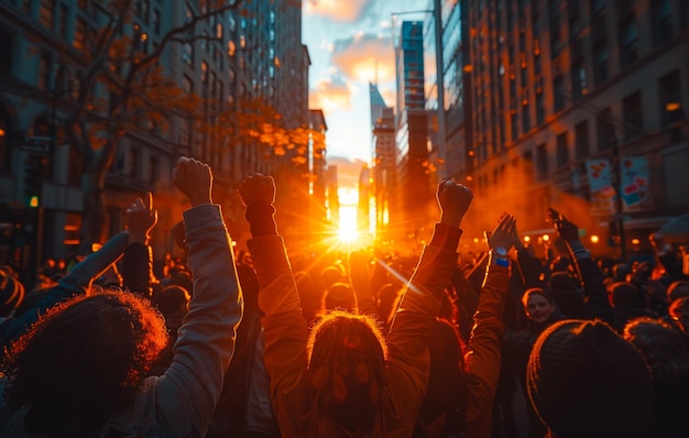 Manifestantes levantam os punhos no ar durante um comício na cidade de Nova York