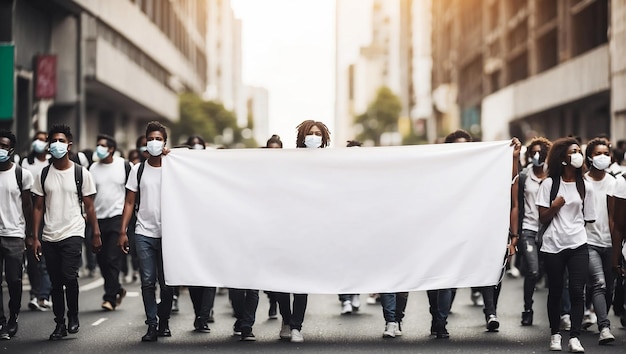 Manifestantes marchando na rua segurando bandeira branca com espaço para cópia