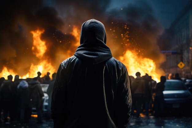 Foto manifestantes protestan en el centro de mulhouse vista posterior hombre agresivo sin rostro encapuchado contra el telón de fondo de protestas y autos en llamas generados por ia